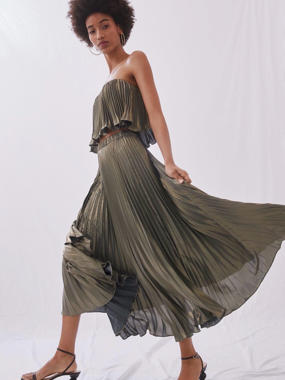 Anthropologie Metallic Pleated Skirt Set